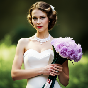 An image showing a woman in a pageant gown, holding a bouquet of flowers in one hand and a stack of books in the other, with a serene expression on her face