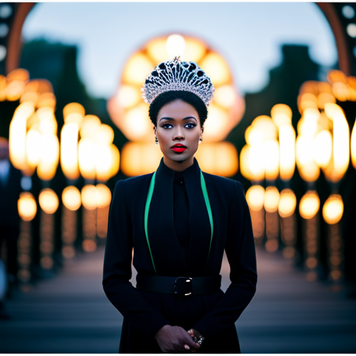 An image of a pageant contestant standing confidently on stage, wearing a unique and stylish ensemble that reflects their personal brand