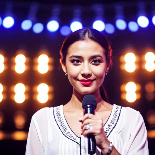 a young woman standing confidently on a stage, speaking passionately with expressive hand gestures and a captivating smile