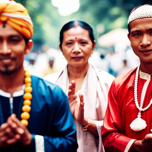 An image of a diverse group of people wearing traditional clothing from various cultures, engaging in respectful gestures and interactions