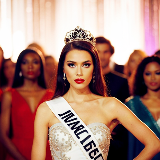 An image of a beauty pageant runway, with a lineup of glamorous contestants wearing elaborate gowns, sparkling accessories, and trendy hairstyles