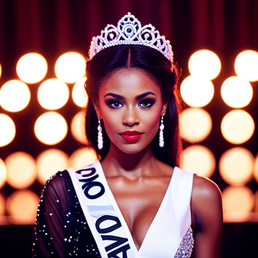 An image of a pageant contestant confidently making eye contact with the audience, using expressive hand gestures, and maintaining a poised and engaging posture on stage