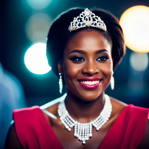 An image of a confident and poised pageant contestant sitting in a chair, maintaining strong eye contact and a genuine smile while engaging in a conversation with a panel of judges