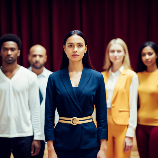 An image of a confident young woman standing on a stage, surrounded by a team of coaches and mentors