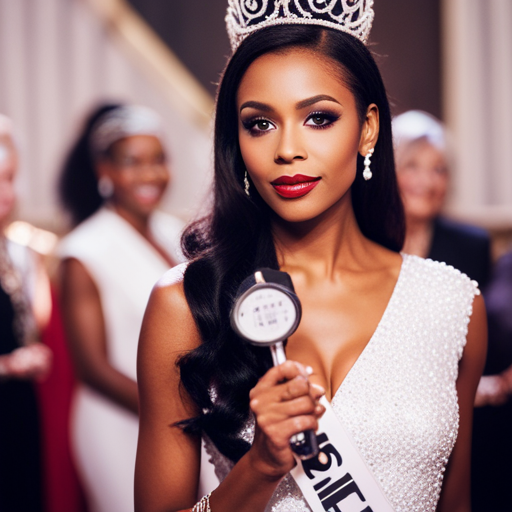 An image of a pageant contestant speaking with potential sponsors, surrounded by banners and promotional materials