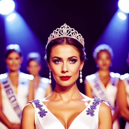 image of a pageant contestant on stage, using expressive hand gestures and facial expressions to captivate the audience