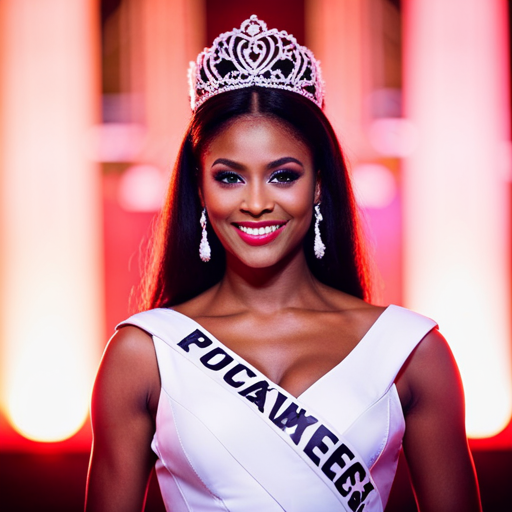 An image of a confident pageant contestant making eye contact with the judges, using poised body language and a genuine smile to convey charisma and charm