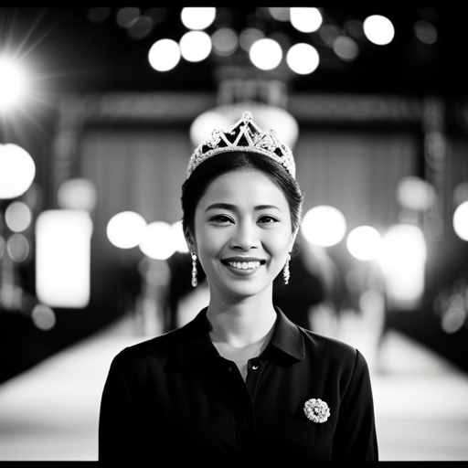 An image of a woman confidently walking on stage in a pageant, radiating genuine emotion and authenticity in her smile, posture, and demeanor