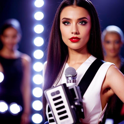 An image of a beauty pageant contestant surrounded by cameras, lights, and microphones, with magazines and social media logos in the background