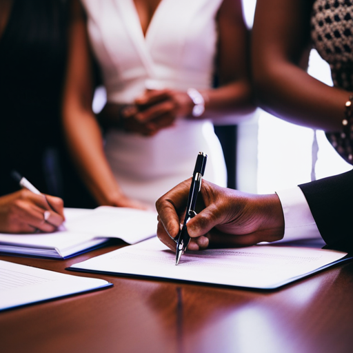 An image of a group of diverse women signing legal documents with a lawyer present, discussing contracts, and reviewing rules and regulations for pageant participation