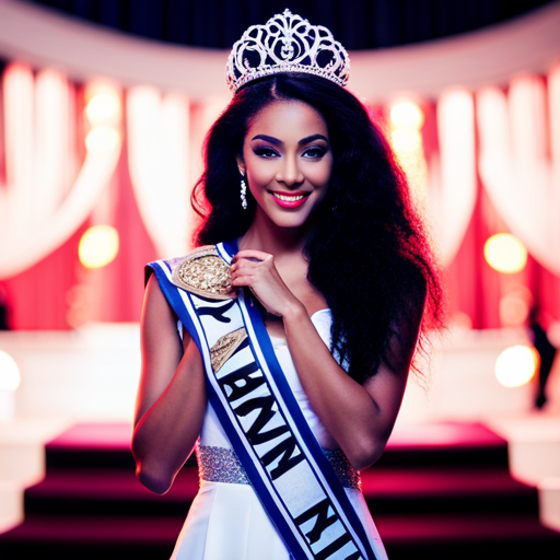 An image of a beauty pageant contestant wearing a sash with sponsor logos, standing on a stage with a backdrop of sponsor banners and logos