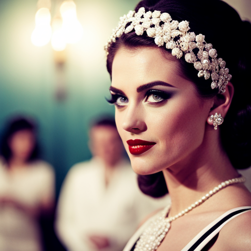 An image of a modern pageant contestant wearing a vintage-inspired gown, with classic hairstyles and makeup